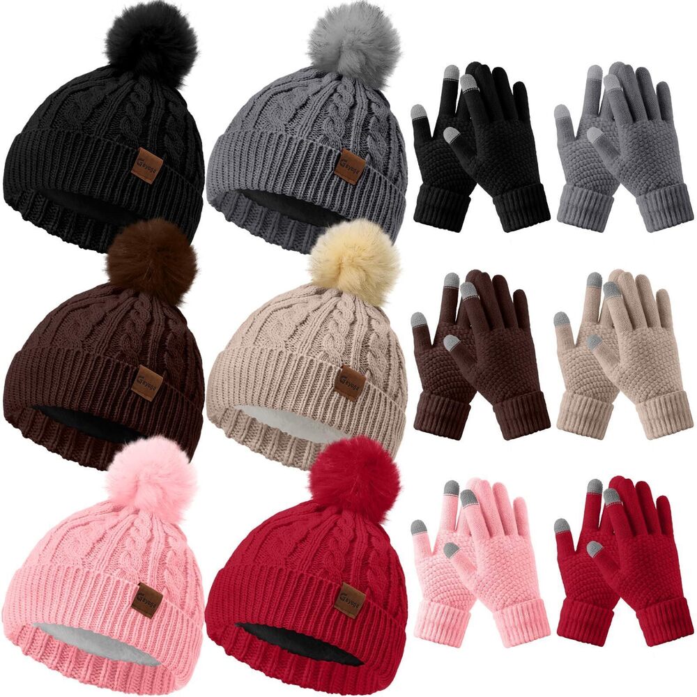 2195 12 Pcs Winter Hat Glove Sets Knitted Beanie Hat Touchscreen Gloves